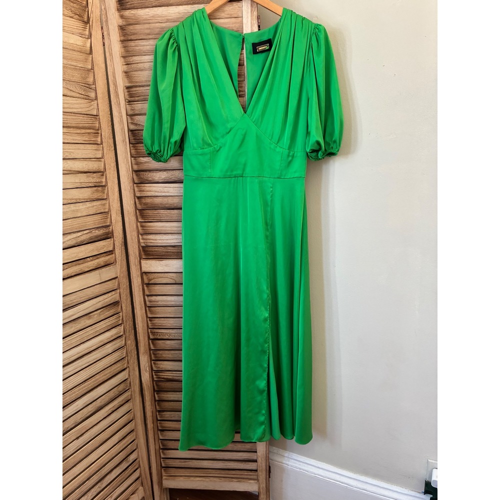 Alexia Admor Green Satin V-Neck Midi Dress Short Puff Sleeve Slit Sz 4 Cocktail